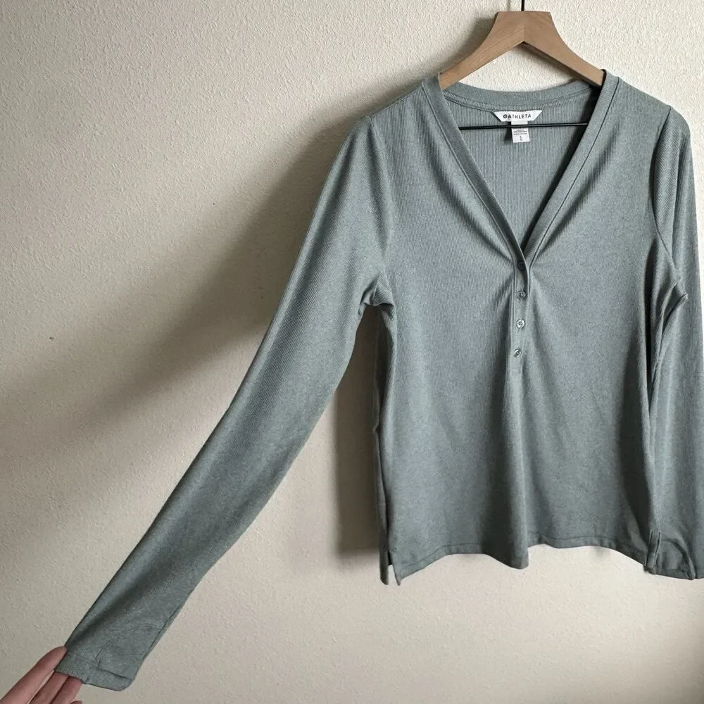 Athleta Top Womens Large Green Uptempo Ribbed Knit Henley‎ Comfy Soft Stretch - Picture 5 of 15